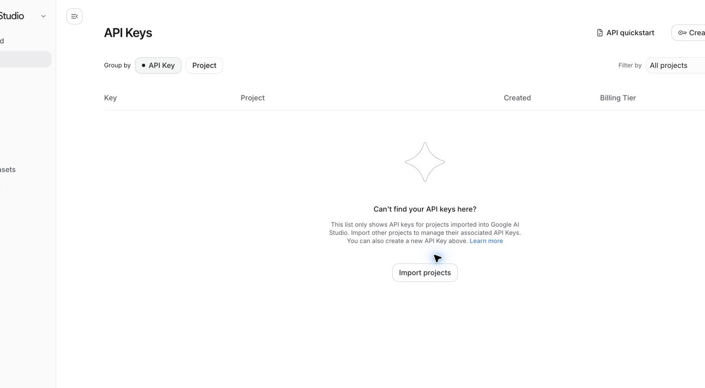 Google AI Studio API keys page with Create API key button