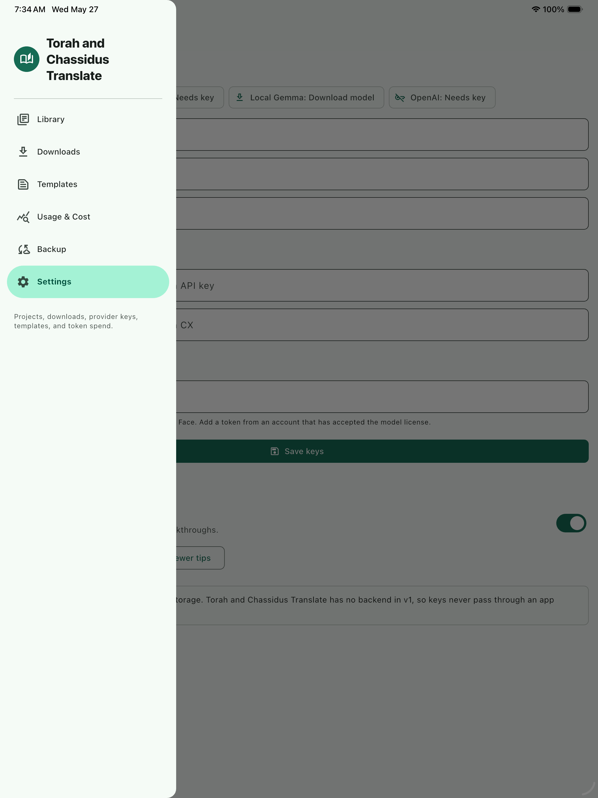 iPad navigation view of Torah and Chassidus Translate